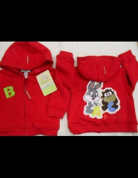 Nuovo FELPA CARDIGAN LOONEY TUNES CAPPUCCIO ROSSO TG. 6 MESI
