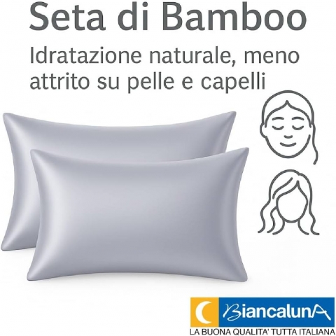 Nuovo Coppia Federe in Seta di Bamboo CLARA Anticrespo Antirughe Ipoallergeniche Traspiranti Eleganti e Morbide  Made in Italy (GRIGIO)