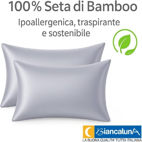 Nuovo Coppia Federe in Seta di Bamboo CLARA Anticrespo Antirughe Ipoallergeniche Traspiranti Eleganti e Morbide  Made in Italy (GRIGIO)