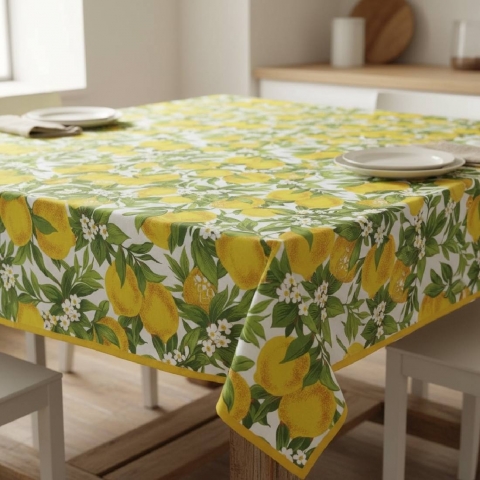Nuovo Tovaglia Antimacchia Da Tavola Fancy Cm 140 x 140 Limoni