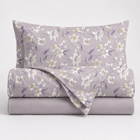 Lenzuola Matrimoniale Tess In Puro Cotone Disegno Narcisi Lavanda Polvere Tela 30/27
