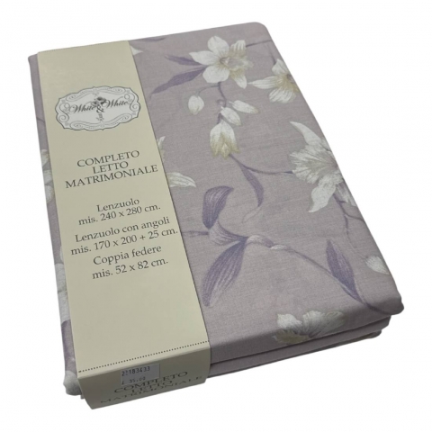 Lenzuola Matrimoniale Tess In Puro Cotone Disegno Narcisi Lavanda Polvere Tela 30/27