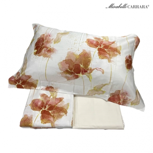 Completo Lenzuola Copriletto Mirabello Matrimoniale Lenzuolo Golden Flowers Cotto Bianco