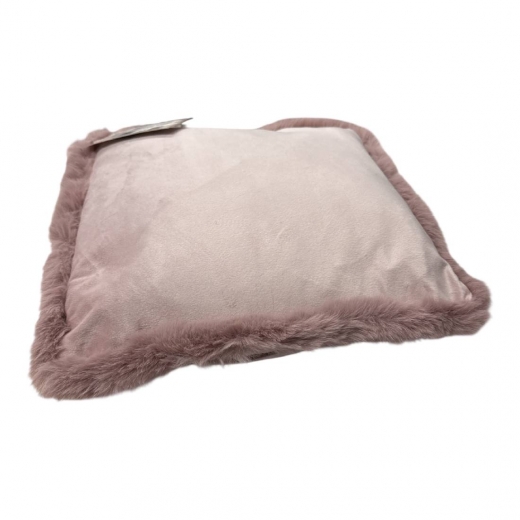 Nuovo Cuscino Arredo In Velluto Con Balza In Pelliccia Cm 40x40 Rosa