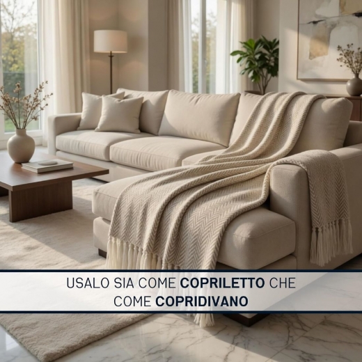 Nuovo Copriletto Matrimoniale Laura Blasi Chevron, Coperta Frange, Copridivano Tortora
