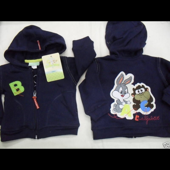 Nuovo FELPA CARDIGAN LOONEY TUNES CAPPUCCIO BLU TG. L = 3 ANN