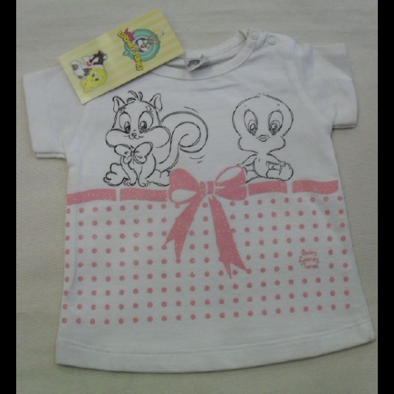 Nuovo T-Shirt Titty Looney Tunes Neonata Bimba Bianco Rosa con fiocco Art 53