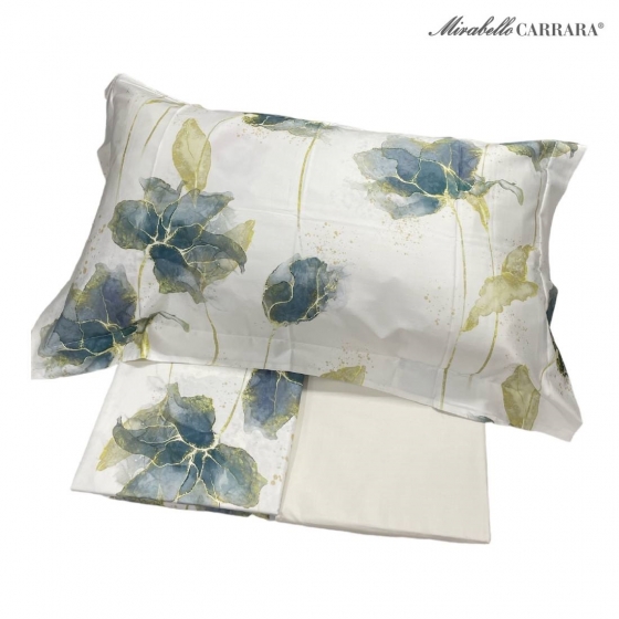 Completo Lenzuola Copriletto Mirabello Matrimoniale Lenzuolo Golden Flowers Blu Bianco