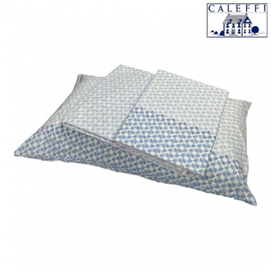 Completo Lenzuola Caleffi Matrimoniale Pagoda Azzurro Puro Cotone Completo