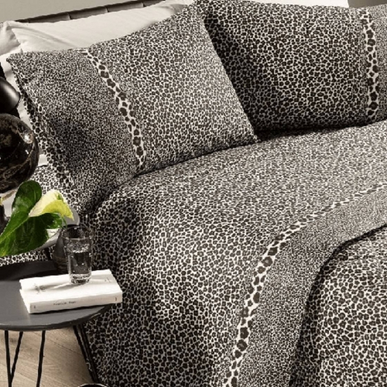 Completo Lenzuola Caleffi Matrimoniale Leopard Grigio Puro Cotone Completo