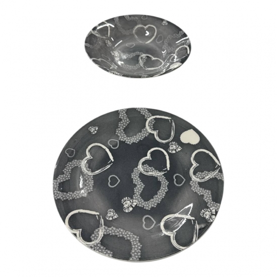 Nuovo Set Piatti Porcellana 12 Pezzi DGBavaria Glamour Cuori Grigio